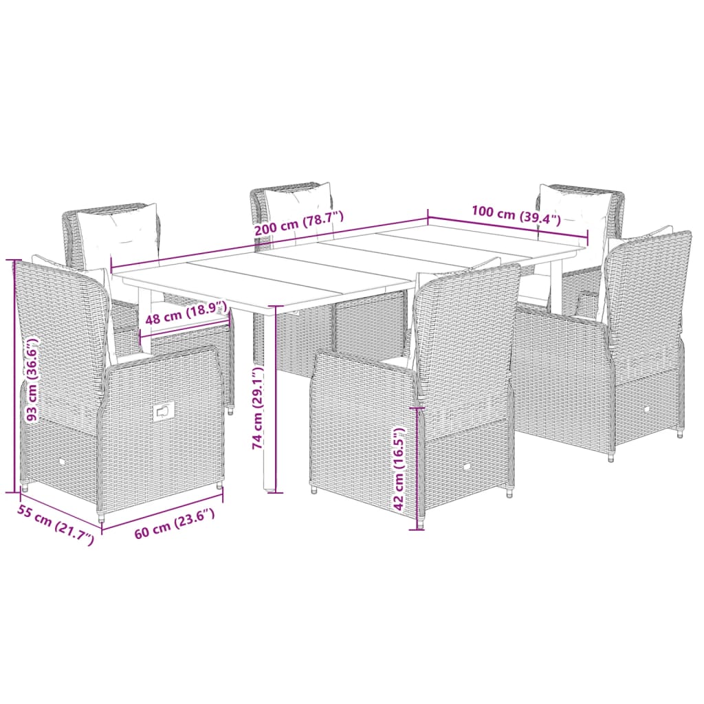 Set da Pranzo da Giardino 7 pz con Cuscini Beige in Polyrattan | homemem39