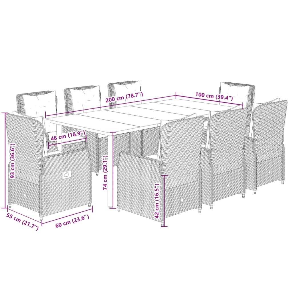 Set da Pranzo da Giardino 9 pz con Cuscini Beige in Polyrattan | homemem39