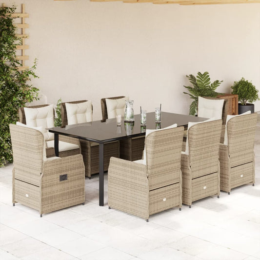 Set da Pranzo da Giardino 9 pz con Cuscini Beige in Polyrattan | homemem39