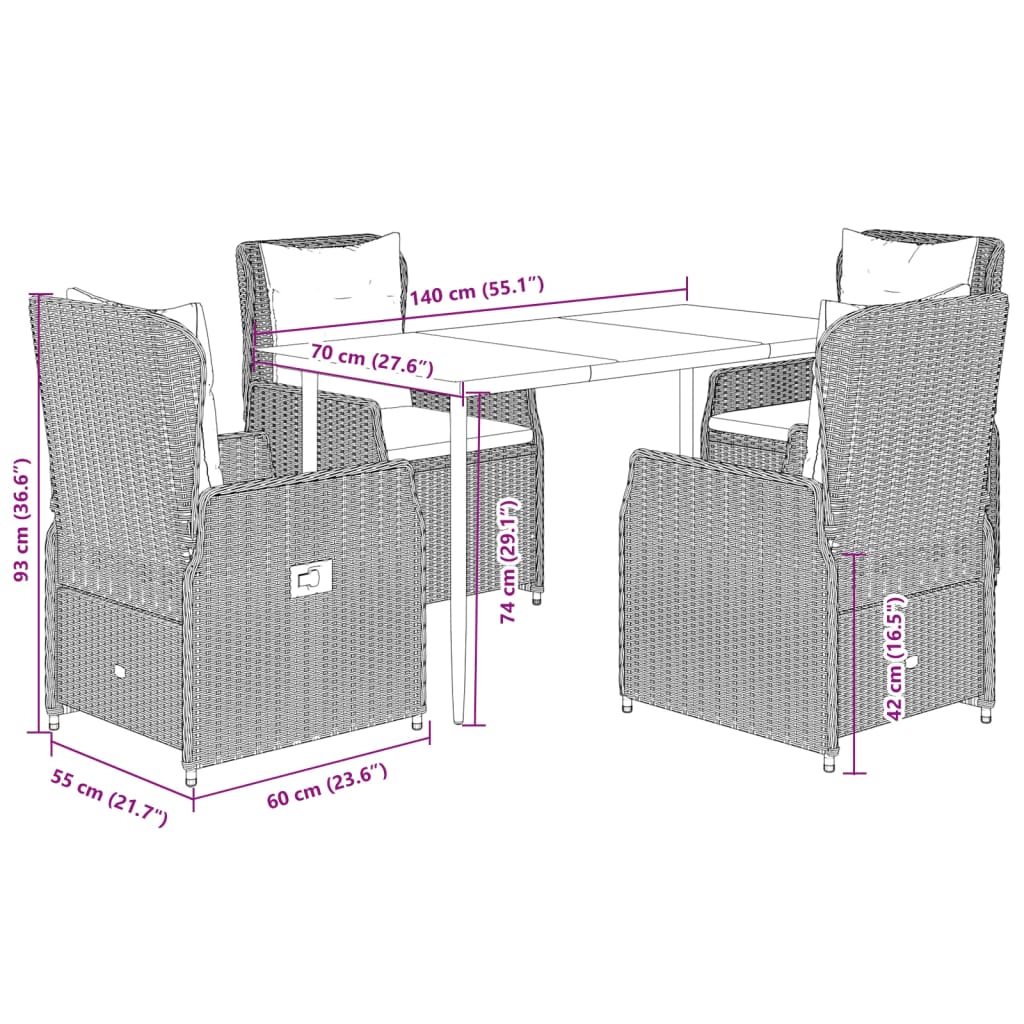 Set Pranzo da Giardino 5pz con Cuscini Grigio Chiaro Polyrattan | homemem39