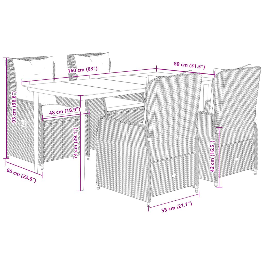 Set Pranzo da Giardino 5pz con Cuscini Grigio Chiaro Polyrattan | homemem39