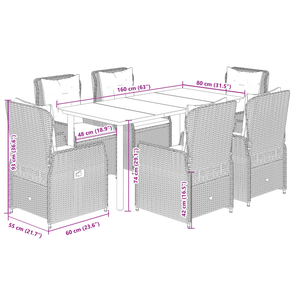 Set da Pranzo da Giardino 7 pz Cuscini Polyrattan Grigio Chiaro | homemem39