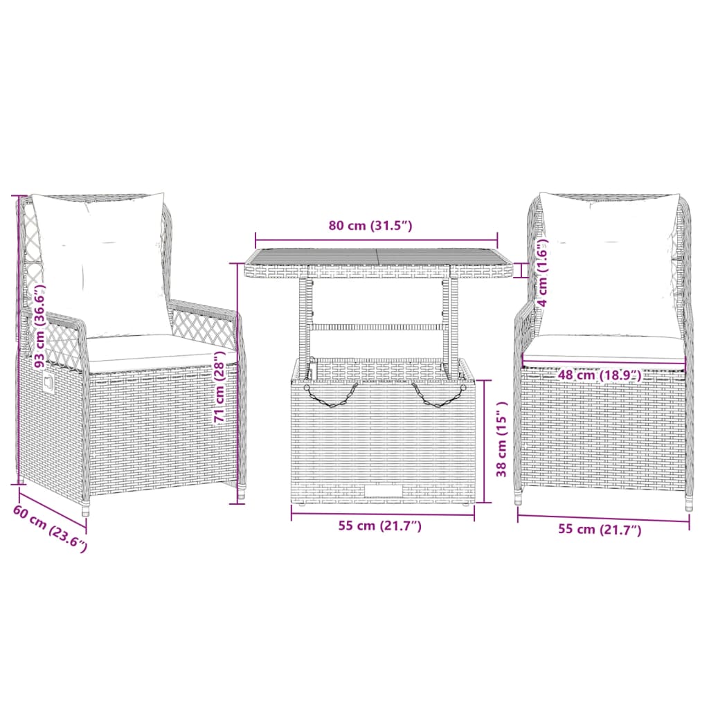 Set da Pranzo da Giardino 3 pz con Cuscini Nero in Polyrattan | homemem39
