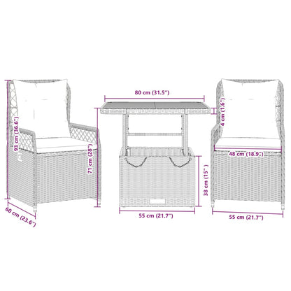 Set da Pranzo da Giardino 3 pz con Cuscini Nero in Polyrattan | homemem39