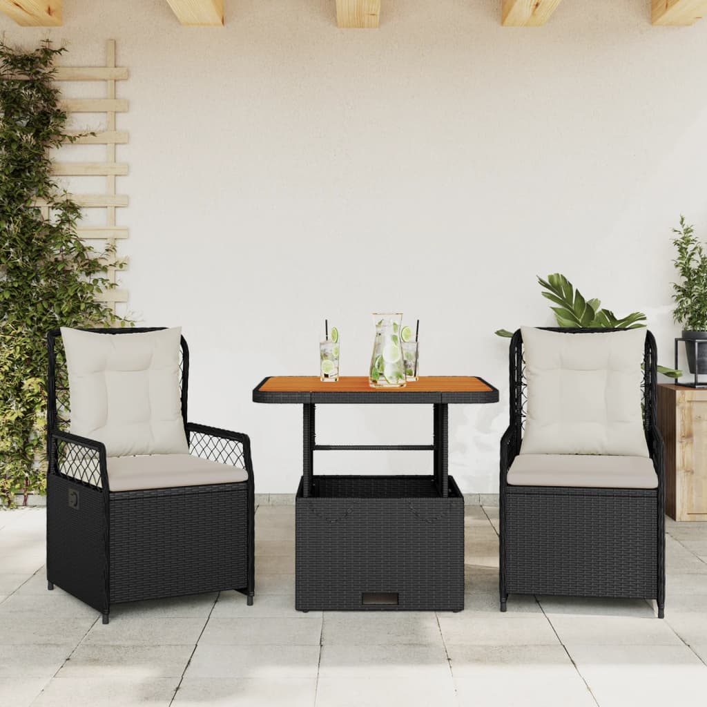 Set da Pranzo da Giardino 3 pz con Cuscini Nero in Polyrattan - homemem39