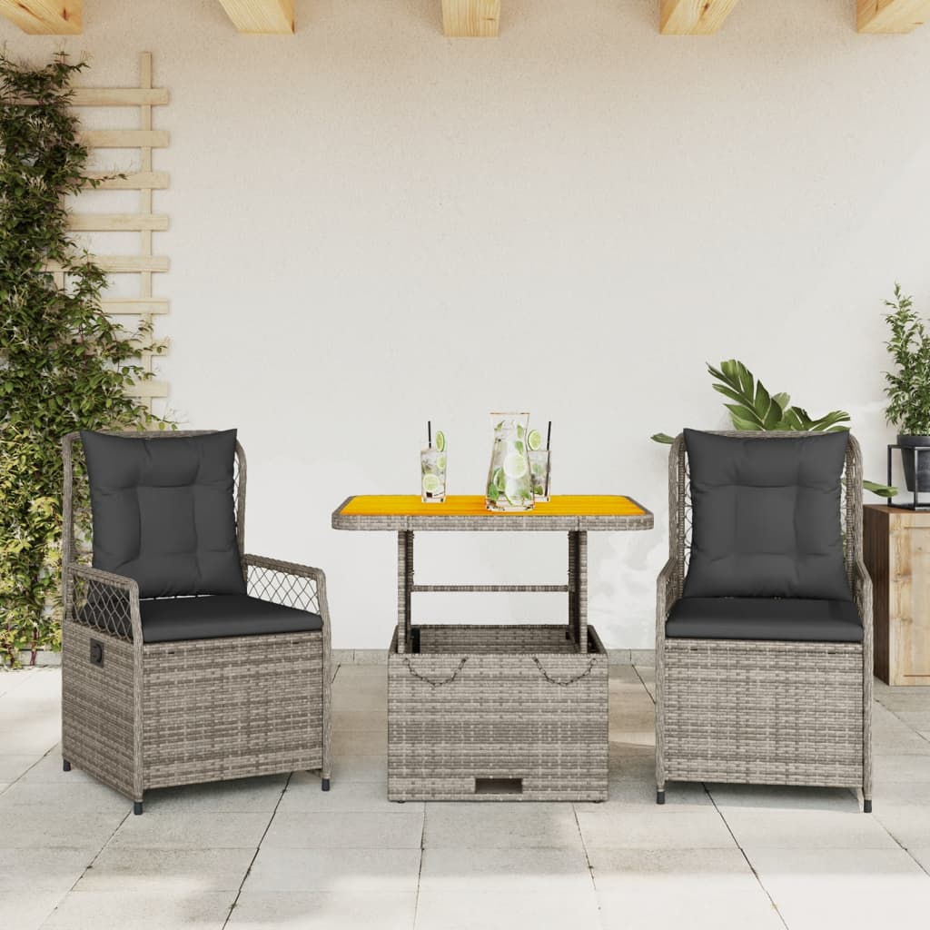 Set da Pranzo da Giardino 3 pz con Cuscini in Polyrattan Grigio - homemem39