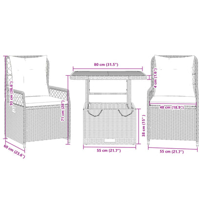 Set da Pranzo da Giardino 3 pz con Cuscini Beige in Polyrattan - homemem39