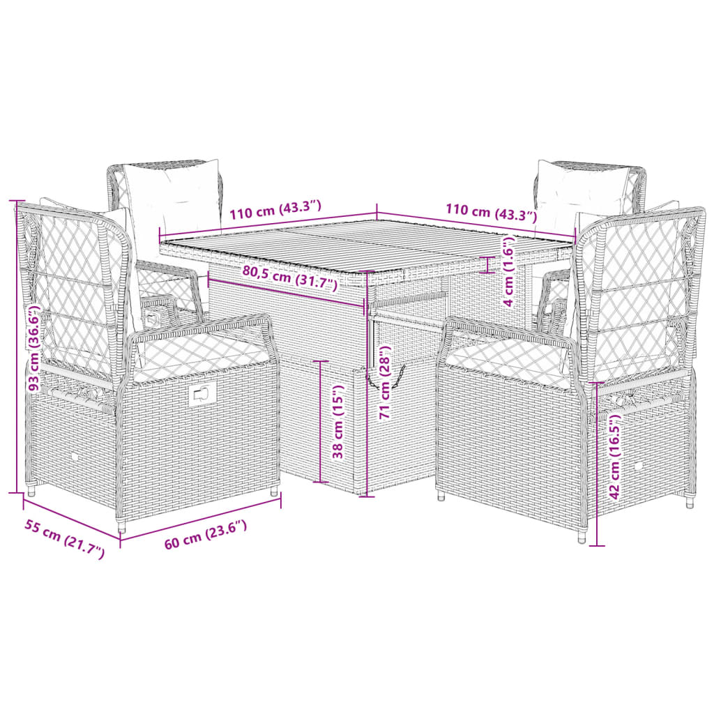 Set da Pranzo da Giardino 5 pz con Cuscini Beige in Polyrattan | homemem39