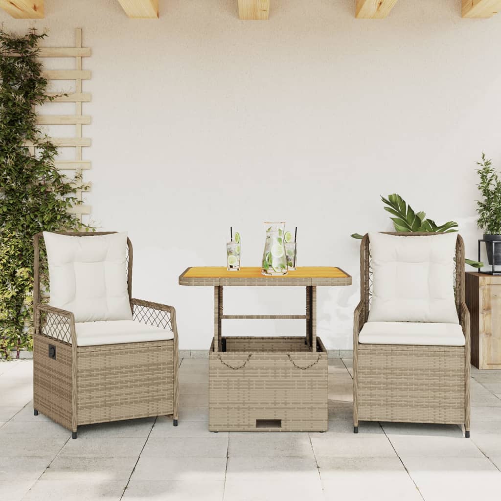 Set da Pranzo da Giardino 3 pz con Cuscini Beige in Polyrattan - homemem39