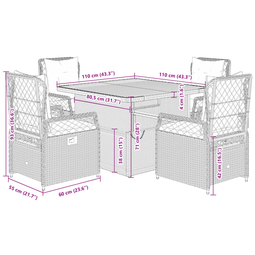 Set da Pranzo da Giardino 5 pz con Cuscini Beige in Polyrattan | homemem39