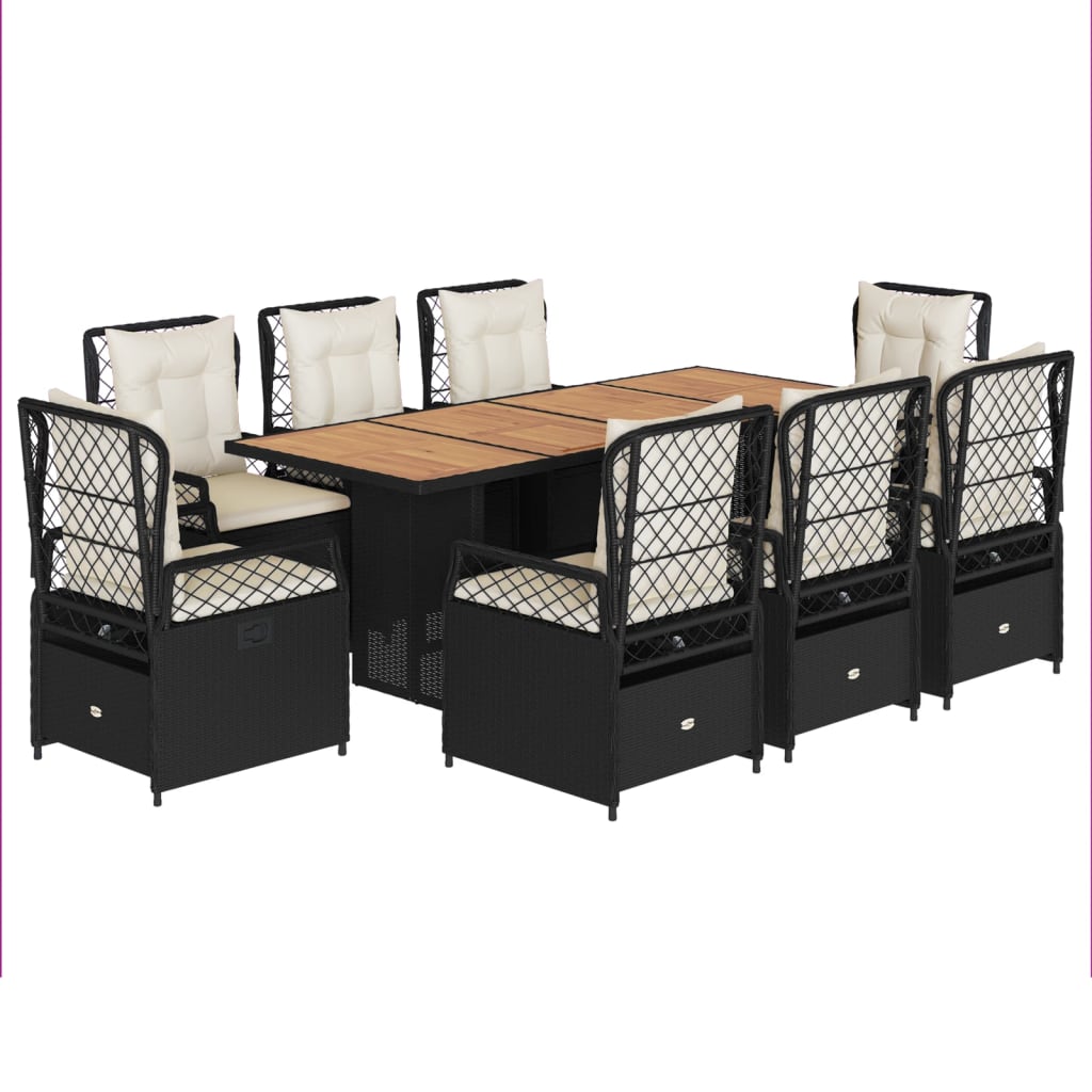 Set da Pranzo da Giardino 9 pz con Cuscini Nero in Polyrattan | homemem39