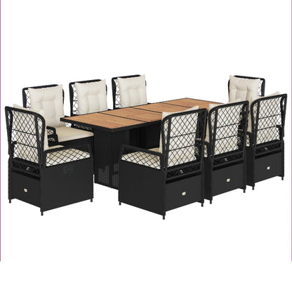 Set da Pranzo da Giardino 9 pz con Cuscini Nero in Polyrattan | homemem39