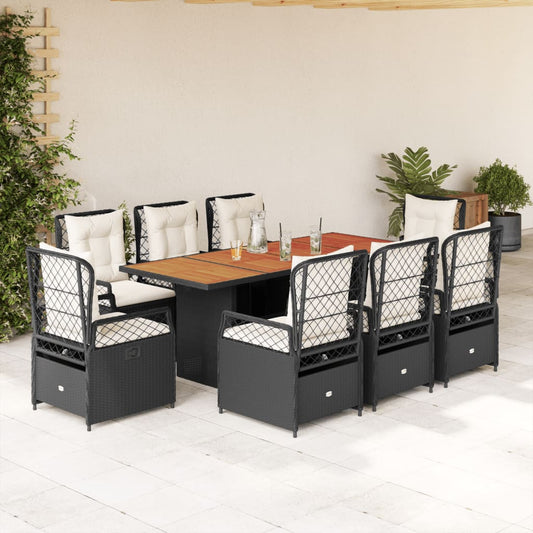 Set da Pranzo da Giardino 9 pz con Cuscini Nero in Polyrattan - homemem39