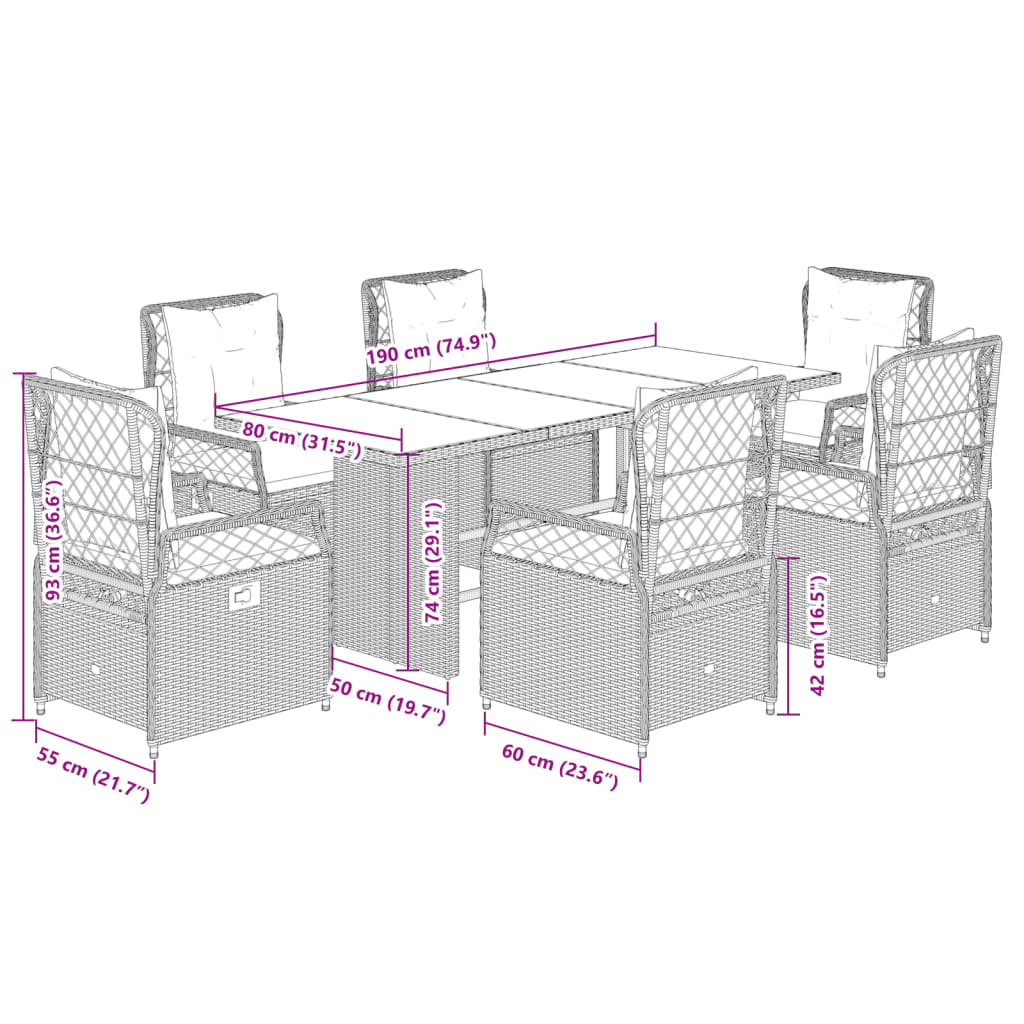 Set da Pranzo da Giardino 7 pz con Cuscini Beige in Polyrattan