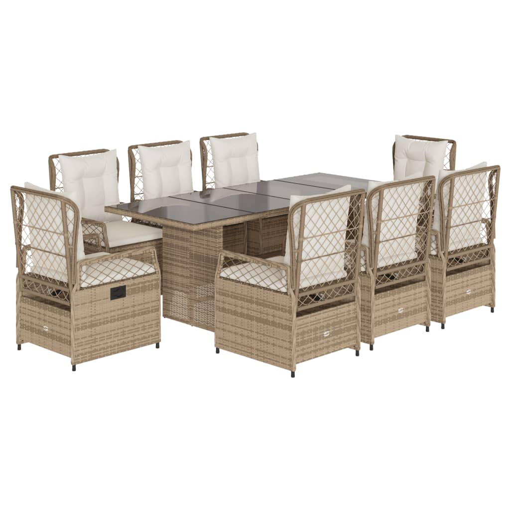 Set da Pranzo da Giardino 9 pz con Cuscini Beige in Polyrattan