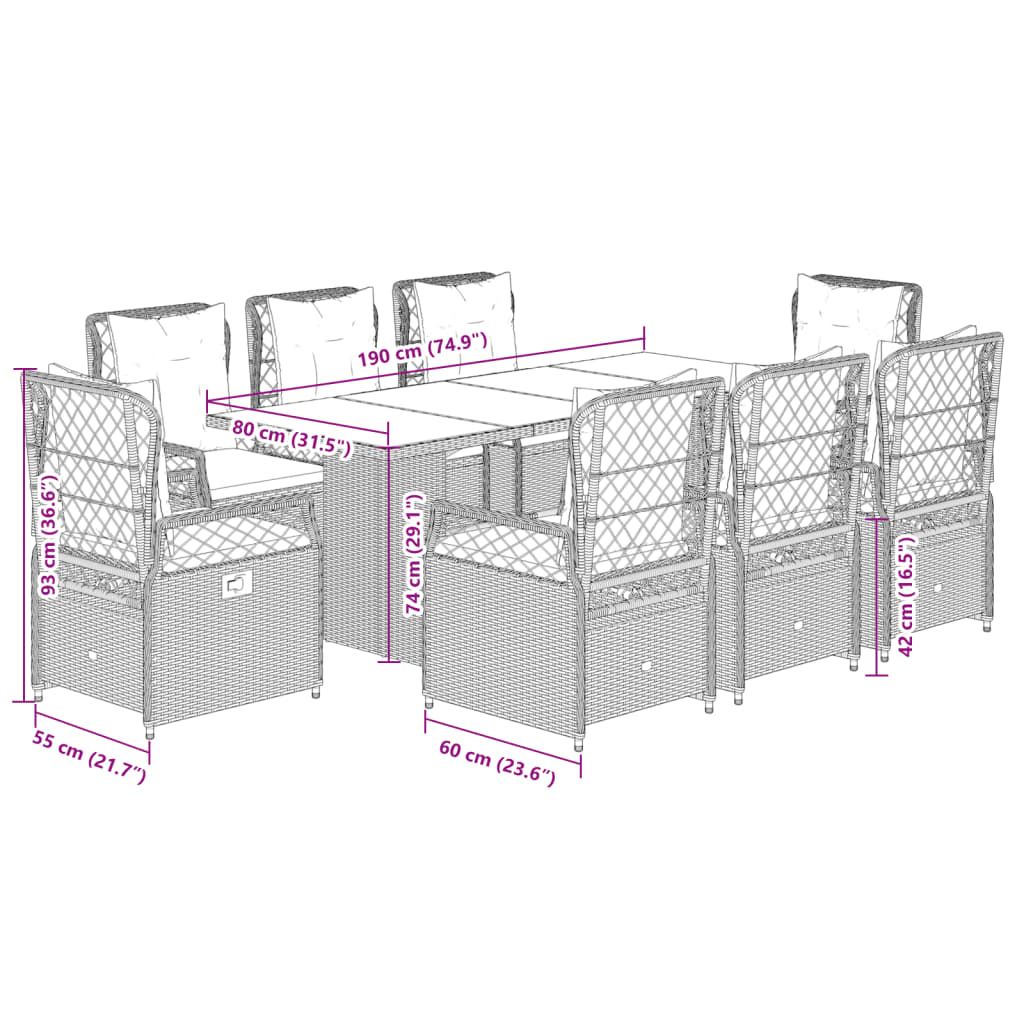 Set Pranzo da Giardino 9pz con Cuscini Grigio Chiaro Polyrattan | homemem39