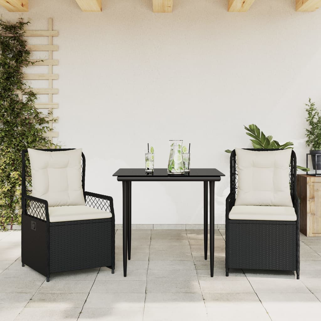 Set da Pranzo da Giardino 3 pz con Cuscini Nero in Polyrattan - homemem39