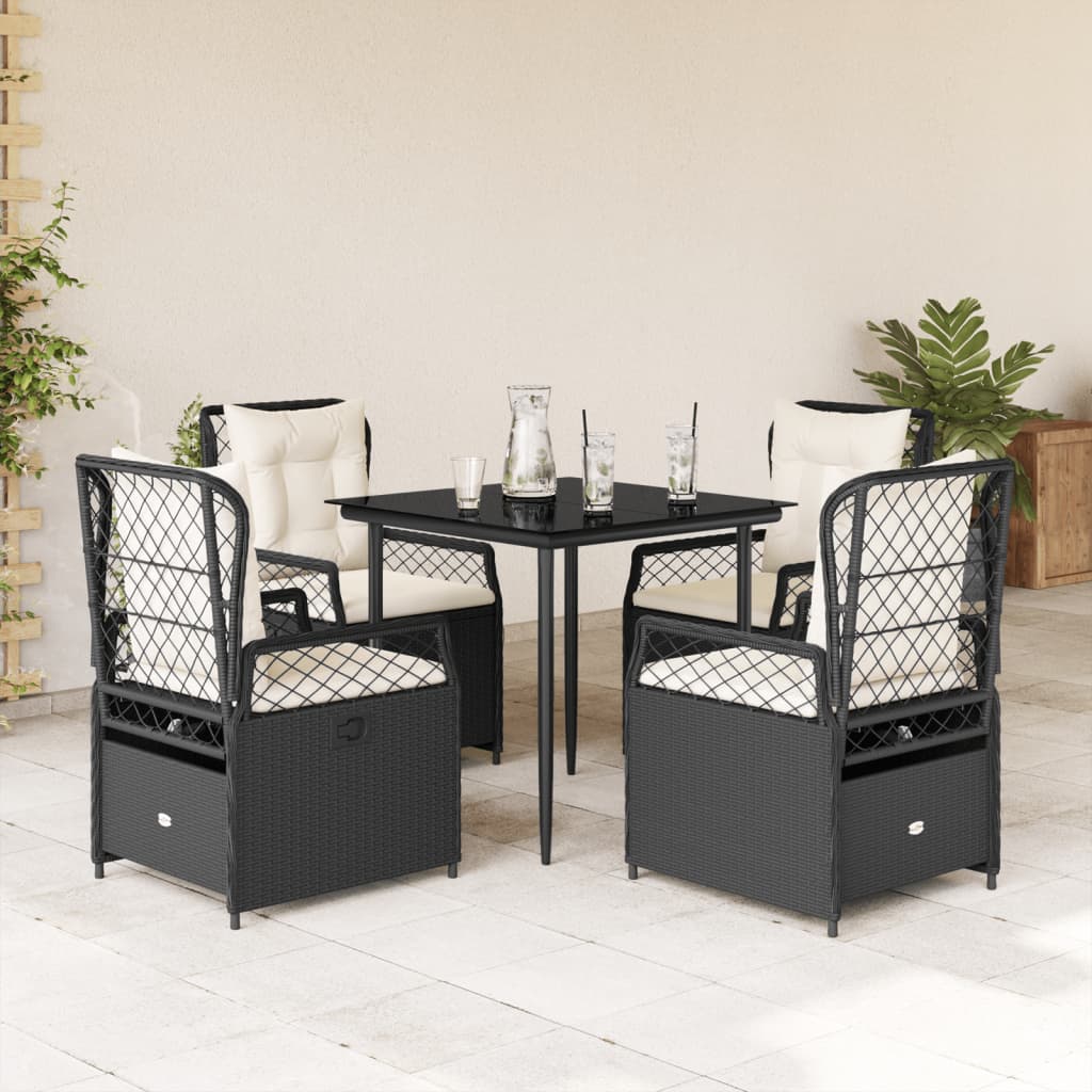 Set da Pranzo da Giardino 5 pz Nero con Cuscini in Polyrattan - homemem39