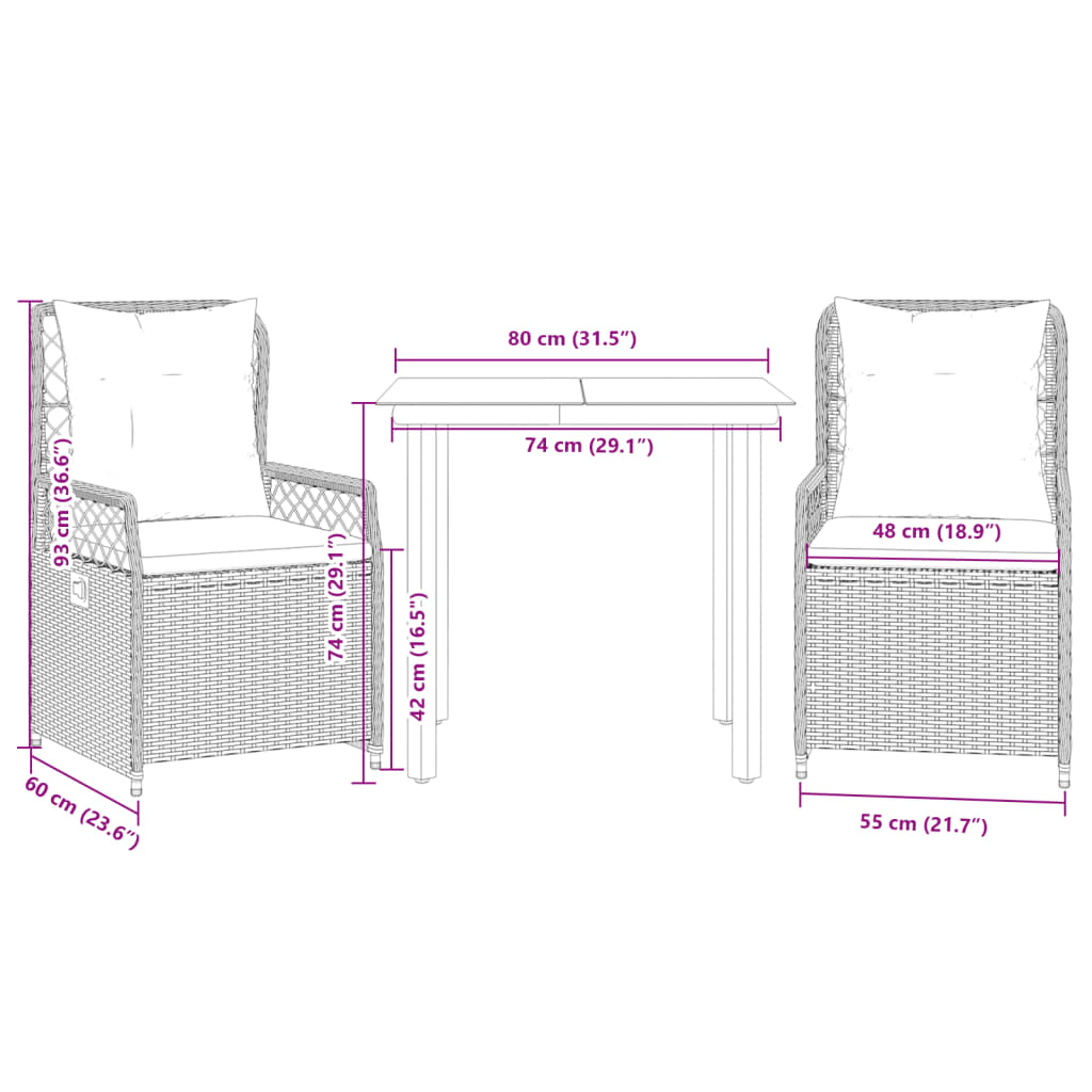 Set da Pranzo da Giardino 3 pz con Cuscini Nero in Polyrattan | homemem39