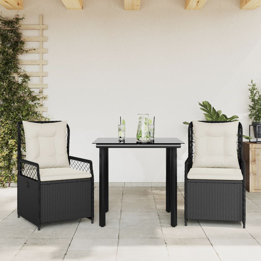 Set da Pranzo da Giardino 3 pz con Cuscini Nero in Polyrattan - homemem39