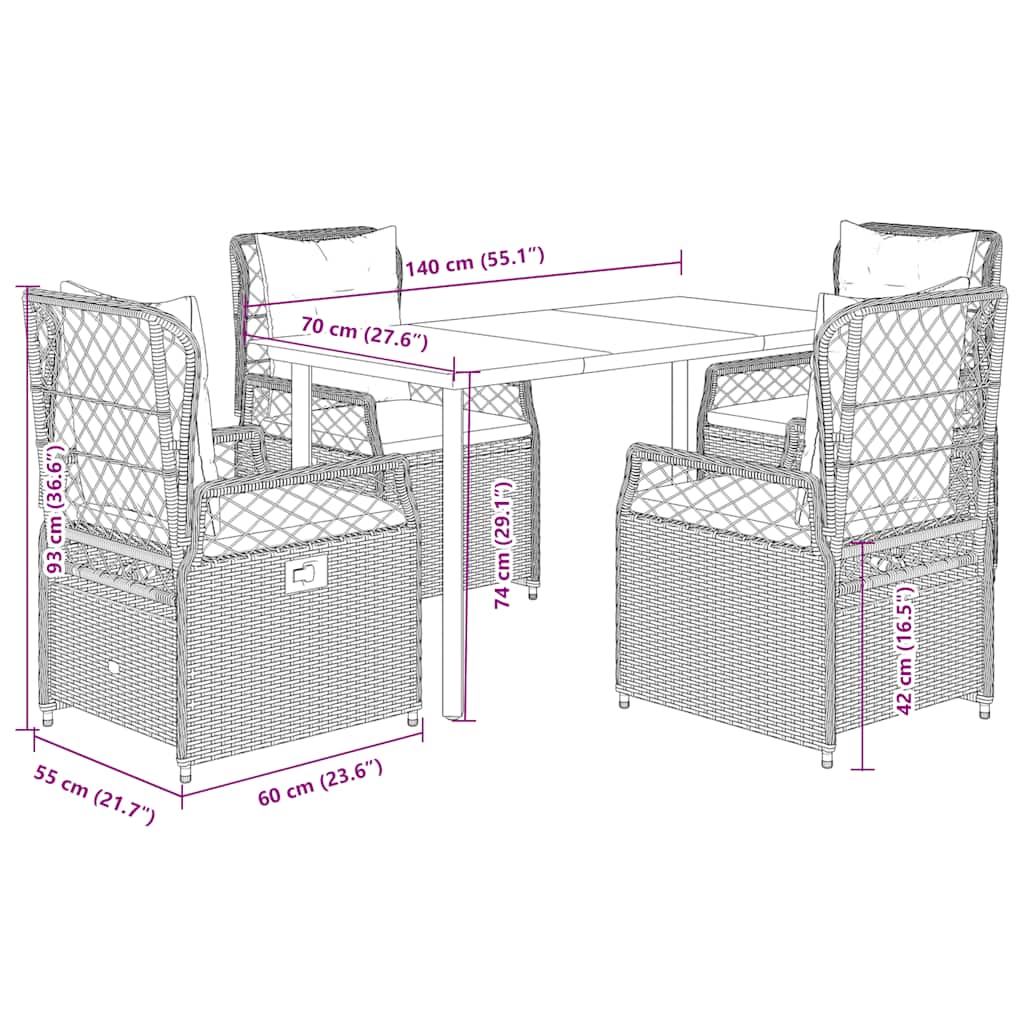 Set da Pranzo da Giardino 5 pz Nero con Cuscini in Polyrattan | homemem39