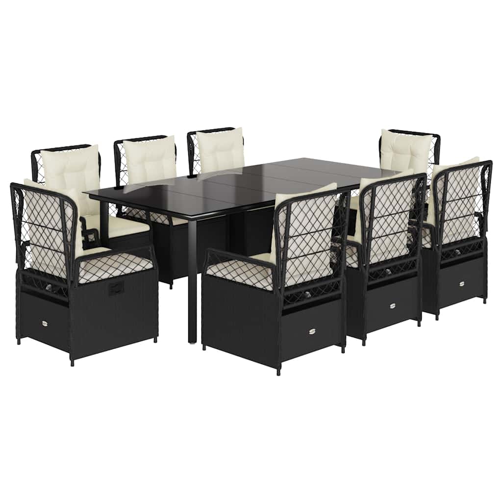 Set da Pranzo da Giardino 9 pz con Cuscini Nero in Polyrattan | homemem39