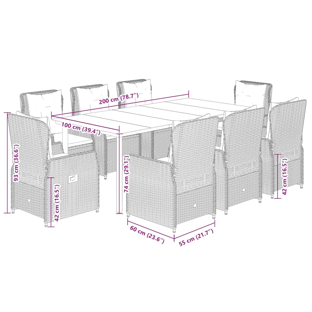 Set da Pranzo da Giardino 9 pz con Cuscini Nero in Polyrattan | homemem39