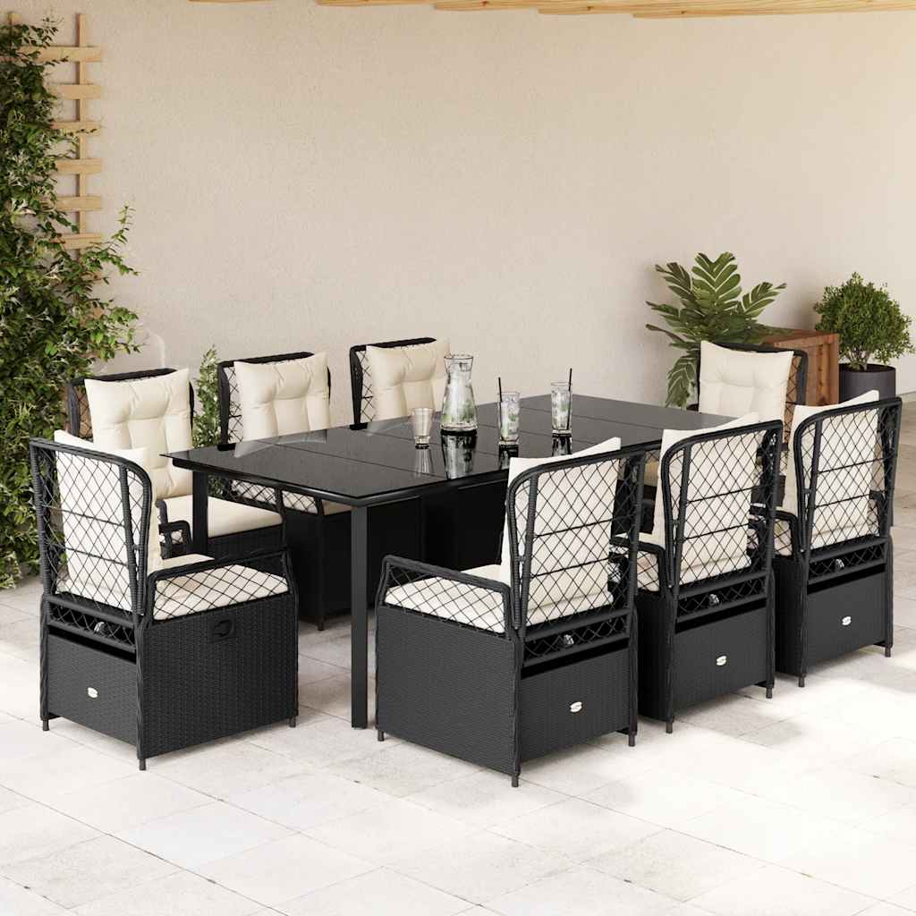 Set da Pranzo da Giardino 9 pz con Cuscini Nero in Polyrattan | homemem39