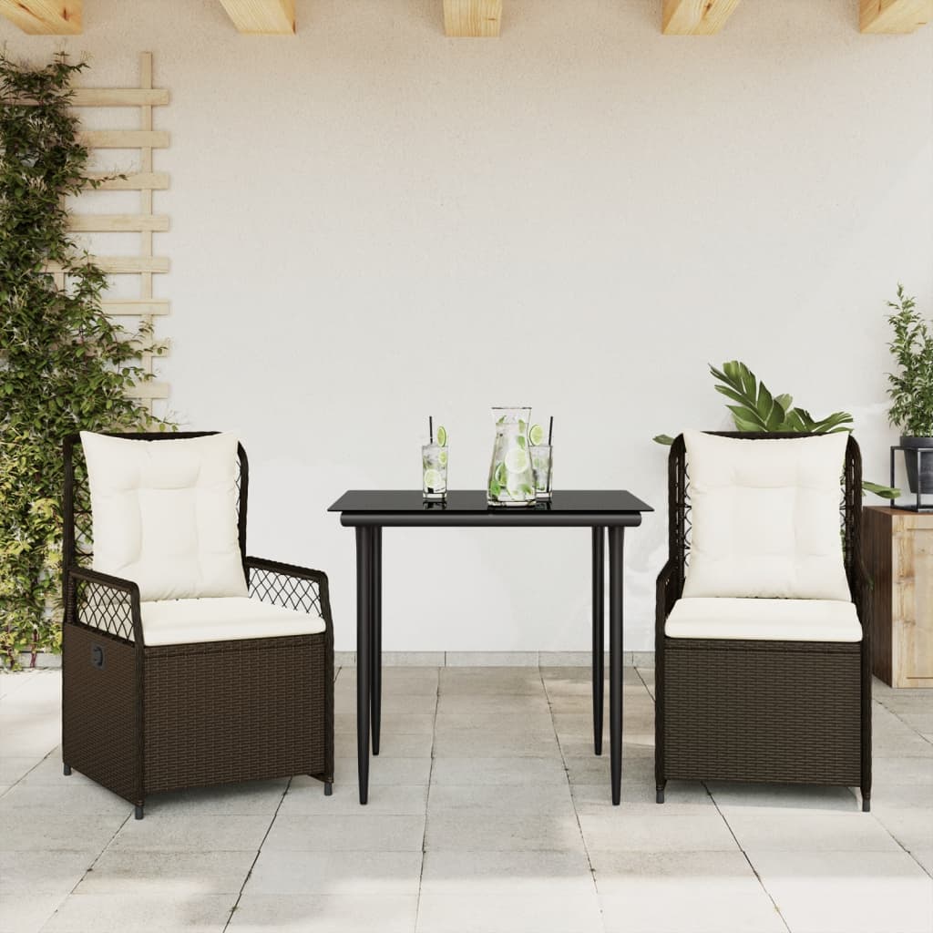 Set da Pranzo da Giardino 3pz con Cuscini in Polyrattan Marrone | homemem39