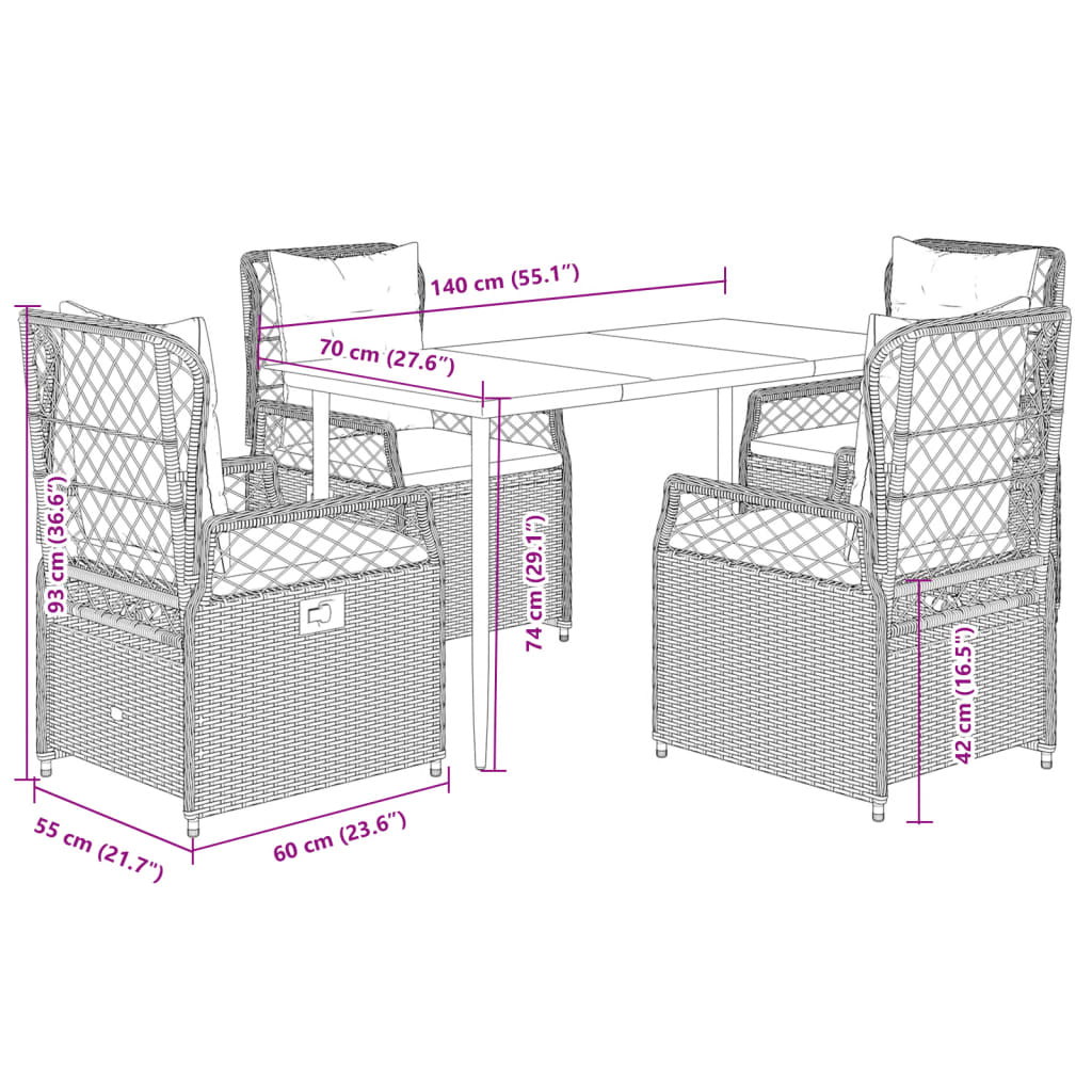 Set da Pranzo da Giardino 5pz con Cuscini in Polyrattan Marrone - homemem39
