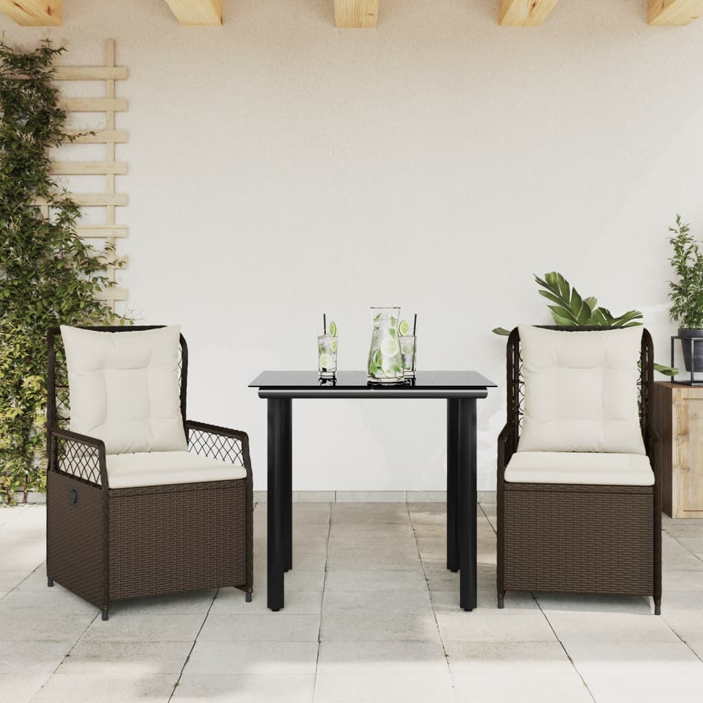 Set da Pranzo da Giardino 3pz con Cuscini in Polyrattan Marrone | homemem39