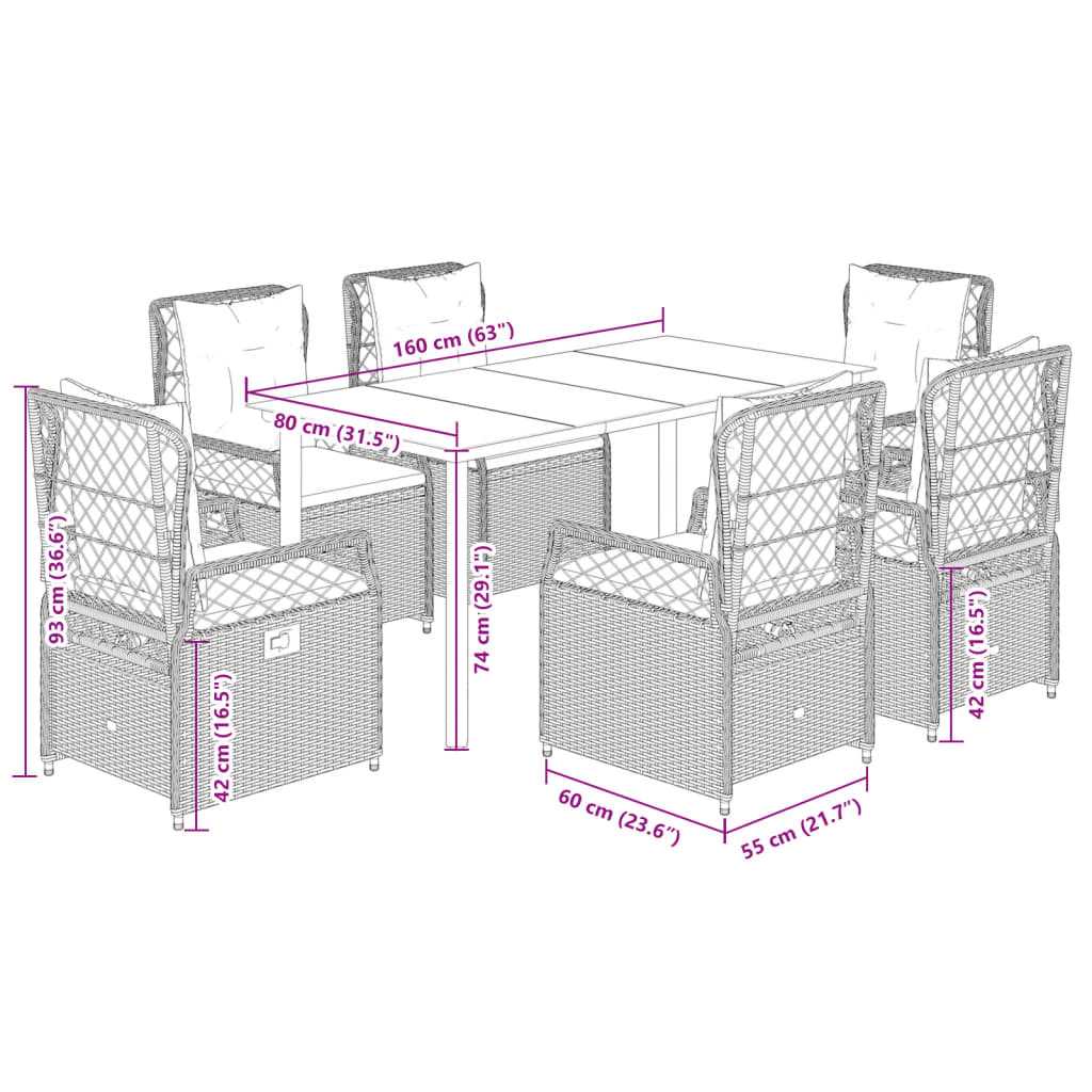 Set da Pranzo da Giardino 7pz con Cuscini in Polyrattan Marrone | homemem39