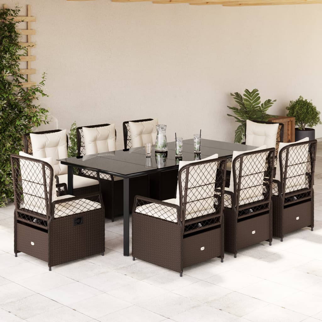 Set da Pranzo da Giardino 9pz con Cuscini Marrone in Polyrattan - homemem39