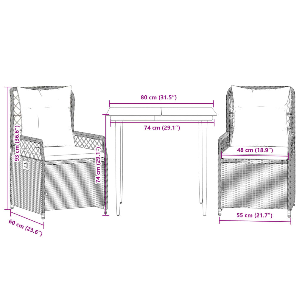 Set da Pranzo da Giardino 3 pz con Cuscini in Polyrattan Grigio | homemem39