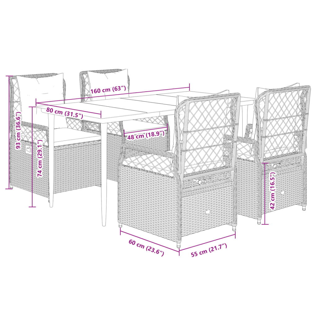 Set da Pranzo da Giardino 5 pz con Cuscini in Polyrattan Grigio | homemem39