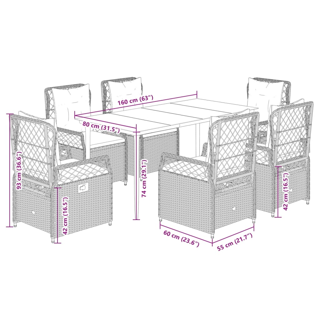 Set da Pranzo da Giardino 7 pz con Cuscini in Polyrattan Grigio | homemem39