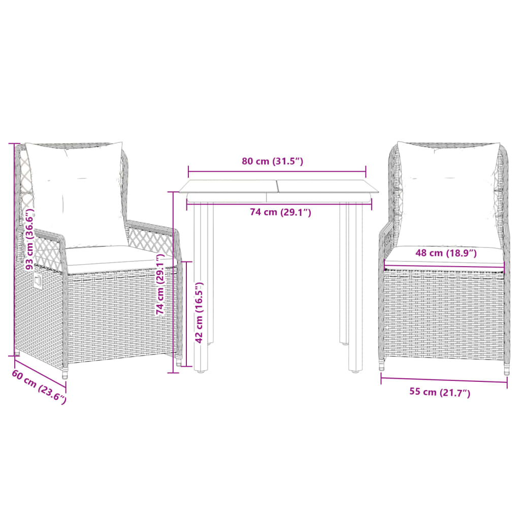 Set da Pranzo da Giardino 3 pz con Cuscini in Polyrattan Grigio | homemem39