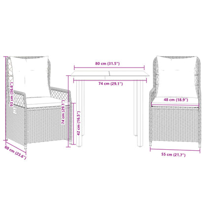 Set da Pranzo da Giardino 3 pz con Cuscini in Polyrattan Grigio | homemem39