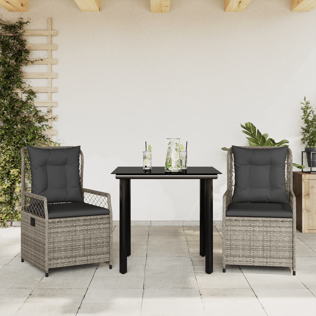 Set da Pranzo da Giardino 3 pz con Cuscini in Polyrattan Grigio | homemem39