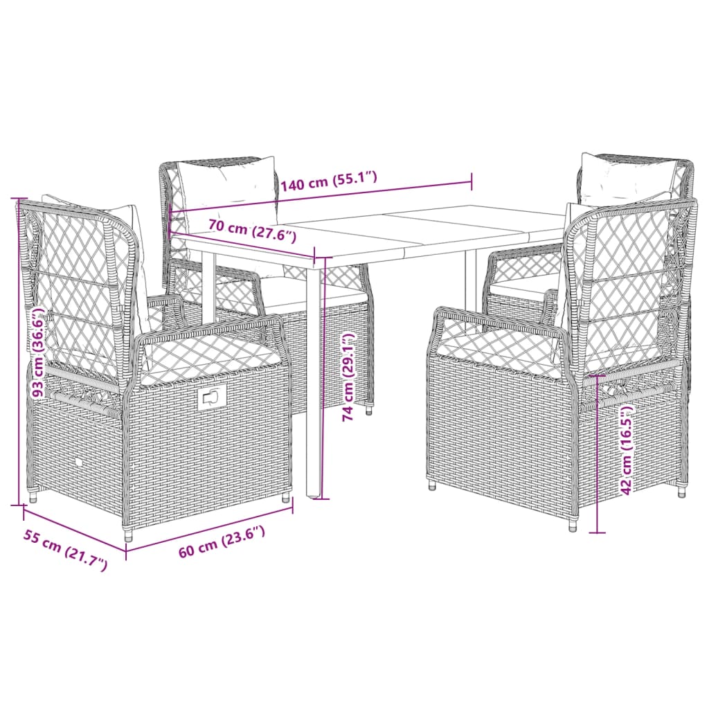 Set da Pranzo da Giardino 5 pz con Cuscini in Polyrattan Grigio | homemem39