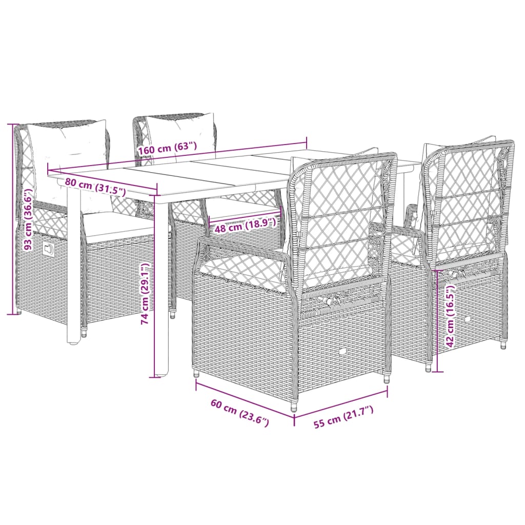Set da Pranzo da Giardino 5 pz con Cuscini in Polyrattan Grigio | homemem39