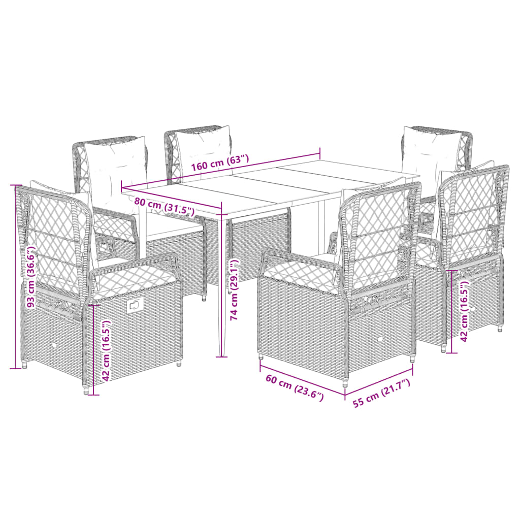 Set da Pranzo da Giardino 7 pz con Cuscini Beige in Polyrattan | homemem39