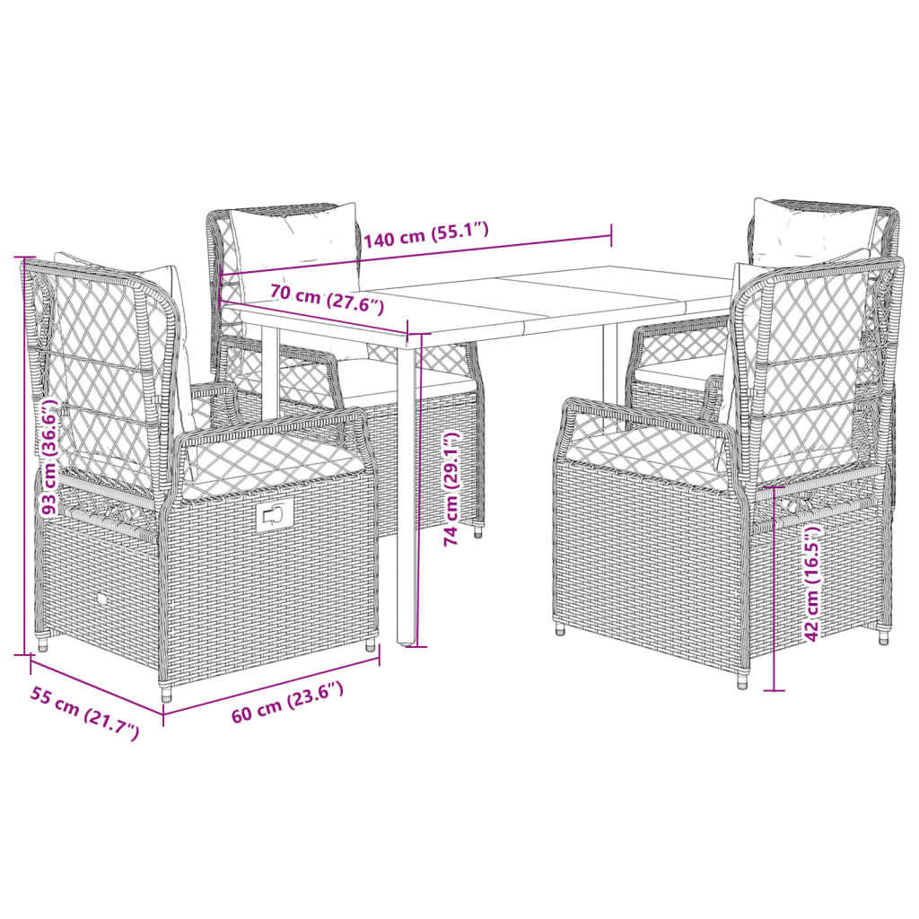 Set da Pranzo da Giardino 5 pz con Cuscini Beige in Polyrattan | homemem39