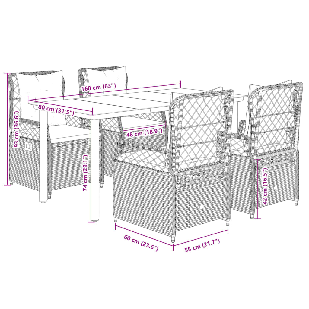 Set da Pranzo da Giardino 5 pz con Cuscini Beige in Polyrattan | homemem39