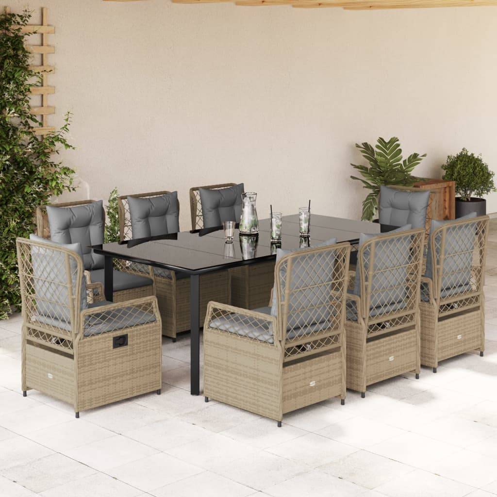 Set da Pranzo da Giardino 9 pz con Cuscini Beige in Polyrattan - homemem39