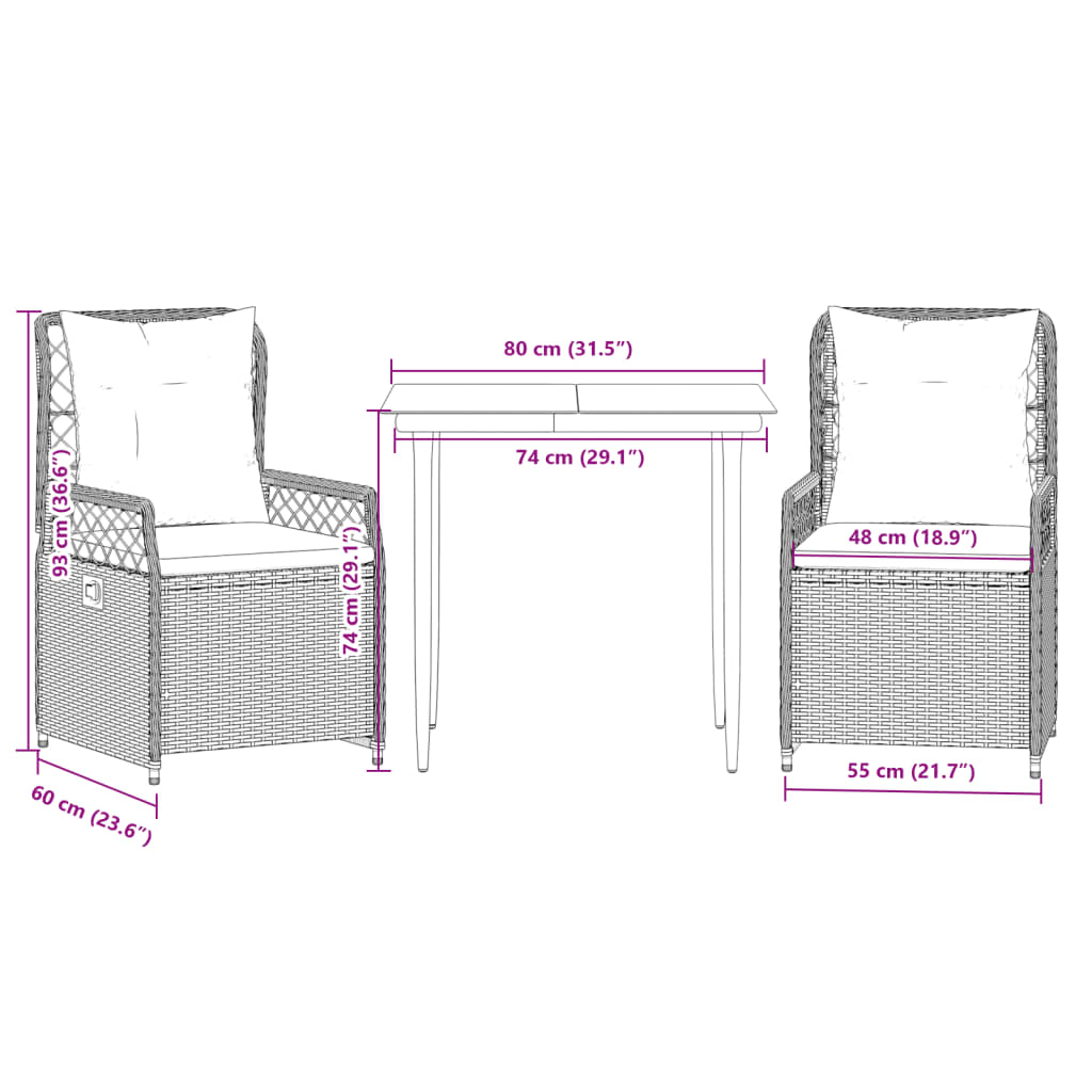 Set da Pranzo da Giardino 3 pz con Cuscini Beige in Polyrattan | homemem39