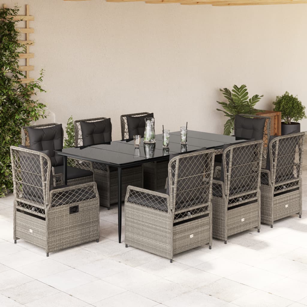 Set Pranzo da Giardino 9pz con Cuscini Grigio Chiaro Polyrattan - homemem39