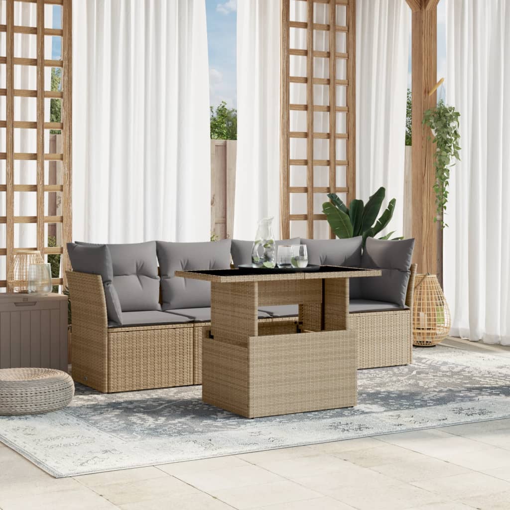 Set Divano da Giardino 5 pz con Cuscini Beige in Polyrattan | homemem39
