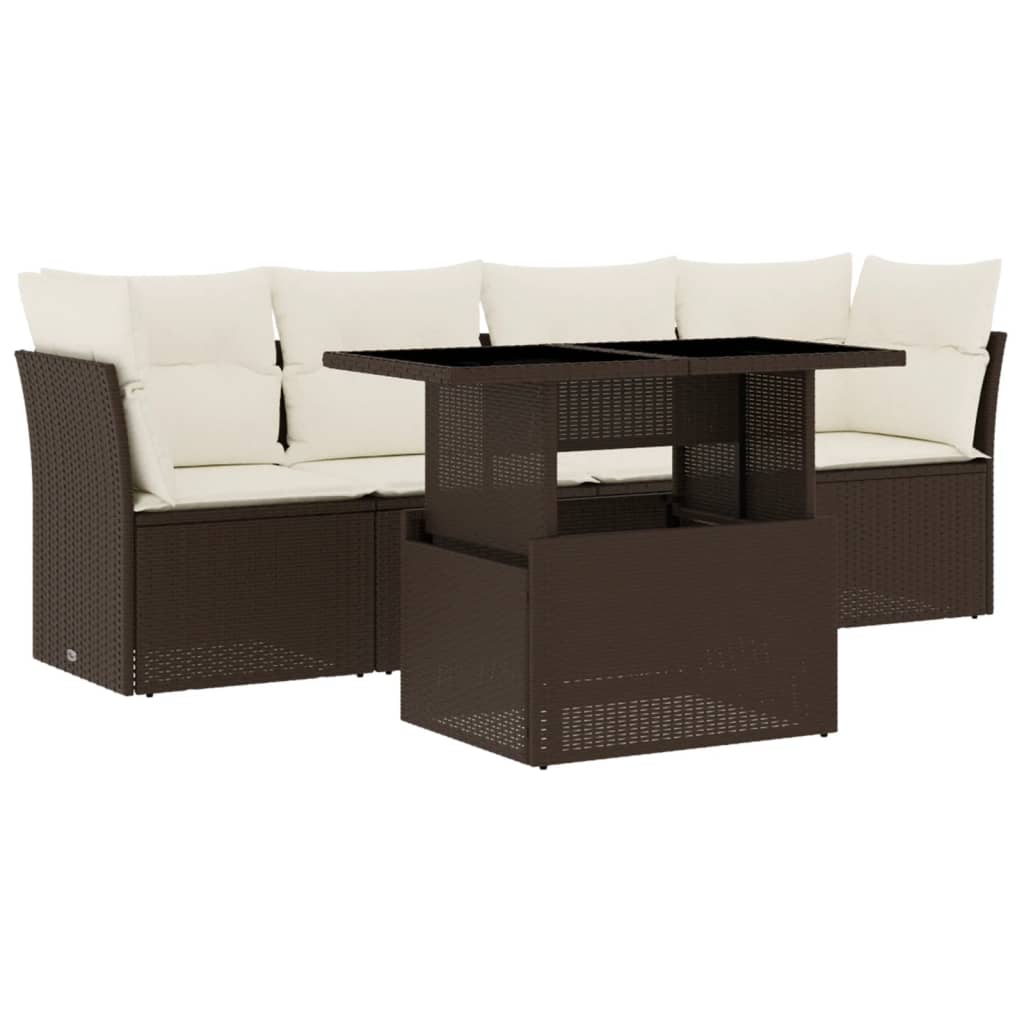 Set Divano da Giardino 5 pz con Cuscini Marrone in Polyrattan - homemem39