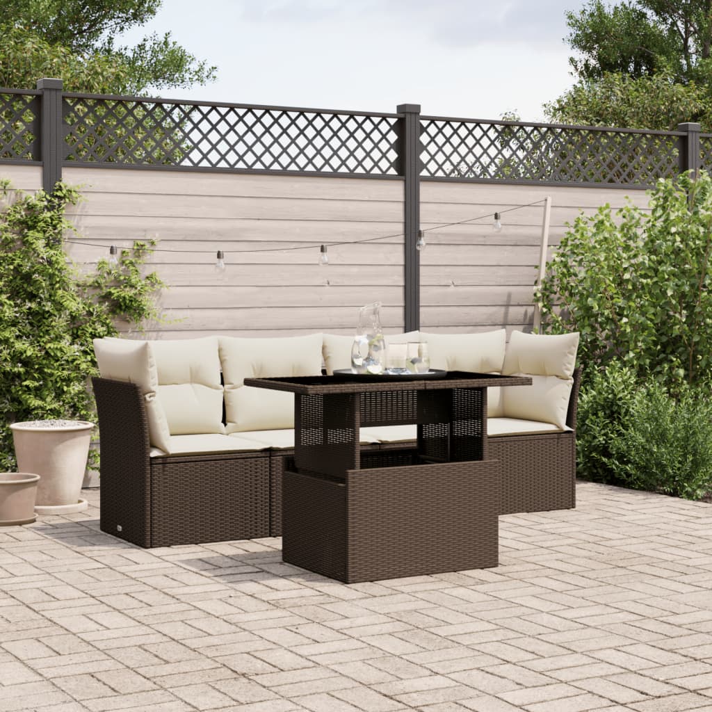 Set Divano da Giardino 5 pz con Cuscini Marrone in Polyrattan - homemem39
